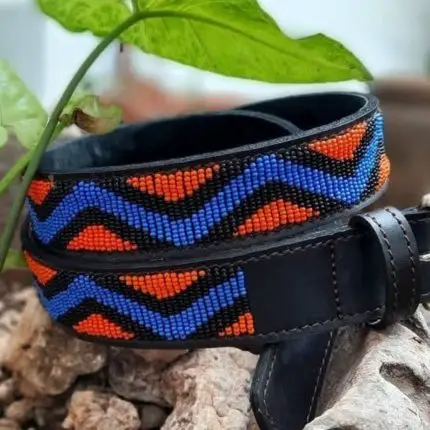 Beaded Blue and orange leather belt