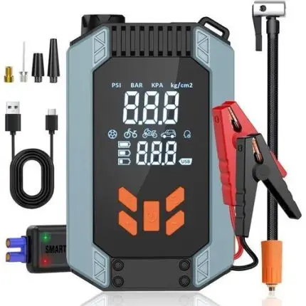 4 in 1 Multifunctional Car Jump Starter + Car Tyre Inflator 150PSI pump+ Power Bank + LED Emergency Light , flash torch - Auto Battery Booster Portable Jumpstarter
